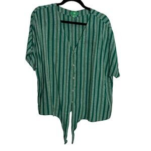 Dip Women's Green Striped Blouse XL Linen Blend Button Down Tie Front Casual